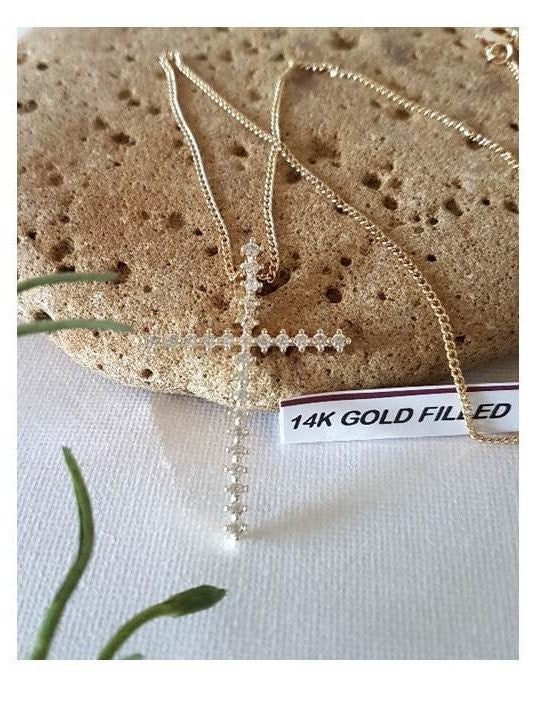 Classy Gold Filled CZ Cross/Skinny Cubic Zirconia Clear Gold Filled Necklace/Simple Ladies Crystal Cross Pendant /Slim Gold Cross