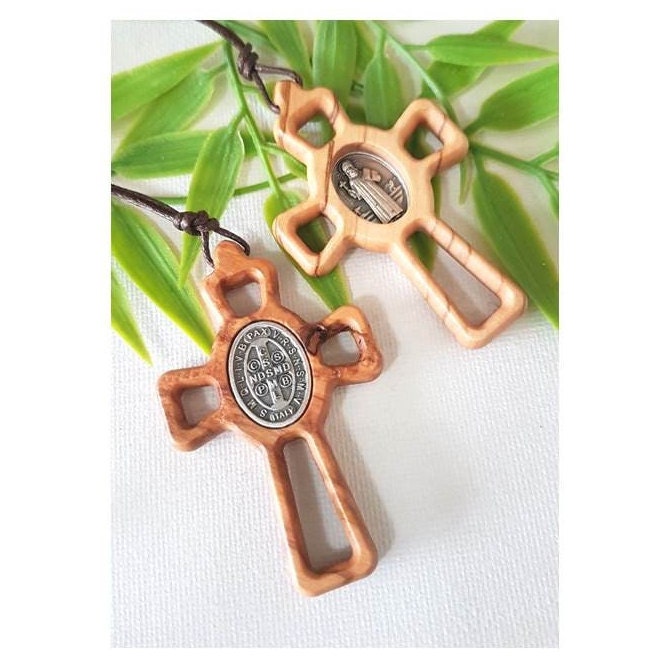 Olive Wood St Benedict Cross, St Benedict Medal Pendant,Wood Cross for Guys, Big Wood Cross Pendant,Adult Men and Youth Necklace, Natural
