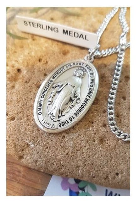 Big Sterling Silver Miraculous Medal,Heavy Sterling Our lady of Miraculous Pendant,Men and Women Chunky Silver Madonna Medal,Virgin Mary