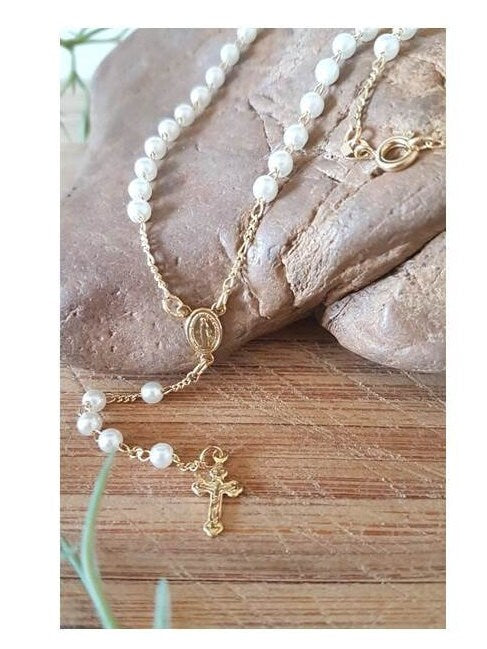 Gold Filled Pearl Rosary Necklace,Cute Dainty 18K Rosary Chain,Girls Communion Rosary,Rosary Necklace for Ladies,Virgin Mary Gold Necklace