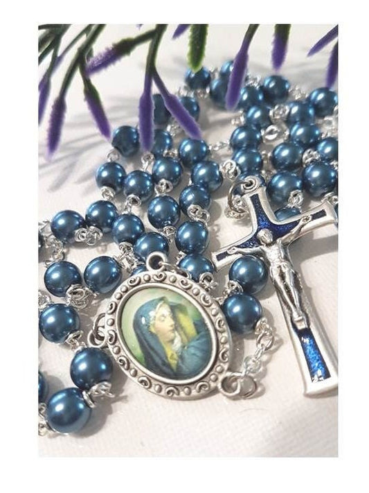 Sorrowful Mother Blue Rosary,Blue Metallic Pearl Rosary with Our Lady Of Sorrow, Mother Mary in Blue Catholic Beads,Virgin Mary Medal
