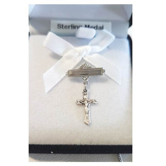 Baby Sterling Crucifix, Sterling Silver Medal Bar Pin,Childrens Sterling Silver Pendant ,Christening Gift,New Baby Gift,Baptism Jewelry