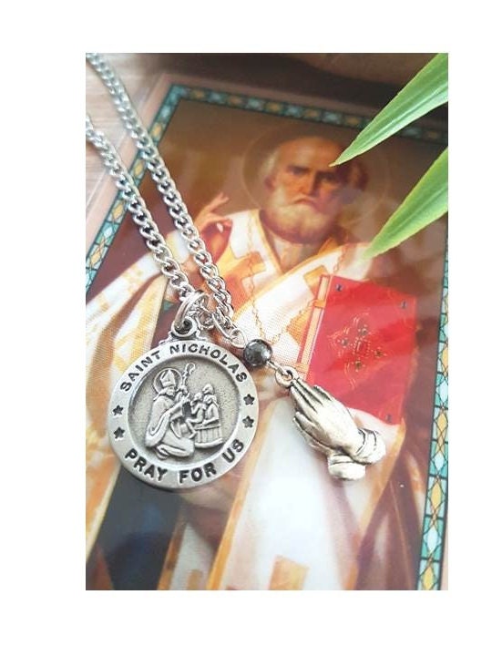 St Nicholas Pewter Medal,Saint Nicholas with Prayer card,Patron Saint For Children,Boys Confimation Name,Communion and Confirmation Gifts