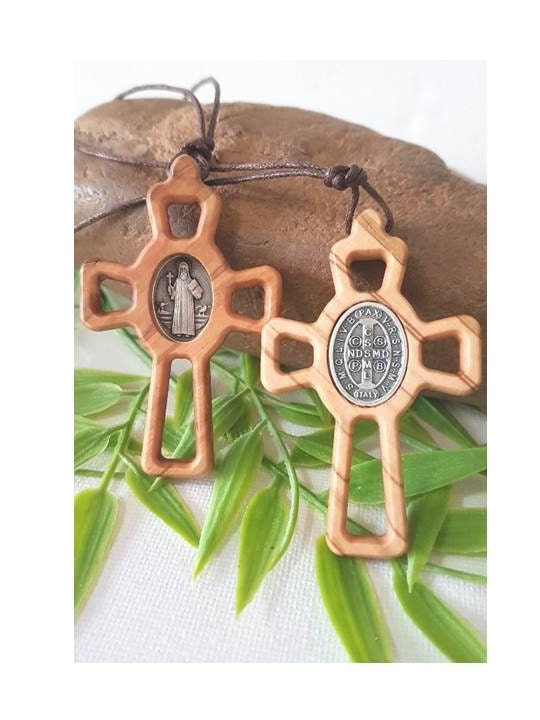 Olive Wood St Benedict Cross, St Benedict Medal Pendant,Wood Cross for Guys, Big Wood Cross Pendant,Adult Men and Youth Necklace, Natural