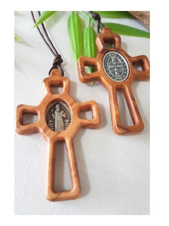 Olive Wood St Benedict Cross, St Benedict Medal Pendant,Wood Cross for Guys, Big Wood Cross Pendant,Adult Men and Youth Necklace, Natural