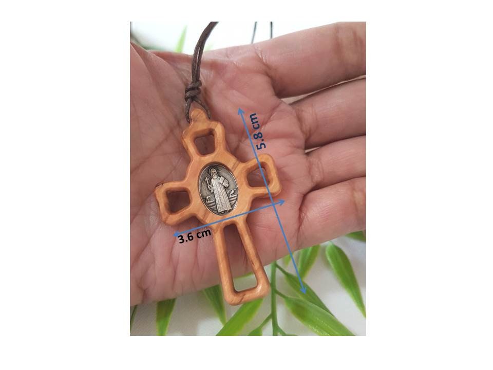 Olive Wood St Benedict Cross, St Benedict Medal Pendant,Wood Cross for Guys, Big Wood Cross Pendant,Adult Men and Youth Necklace, Natural