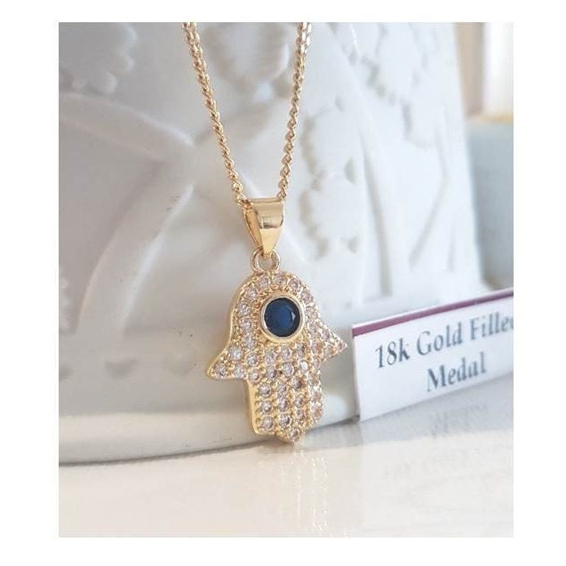 Sapphire Hamsa Pendant,18K Gold Filled Eye of Fatima Necklace,Crystal Khamsa Pendant,Gold and Diamante Hands Of Fatima Ladies Jewelry