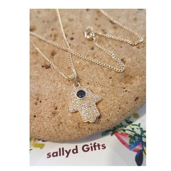 Sapphire Hamsa Pendant,18K Gold Filled Eye of Fatima Necklace,Crystal Khamsa Pendant,Gold and Diamante Hands Of Fatima Ladies Jewelry