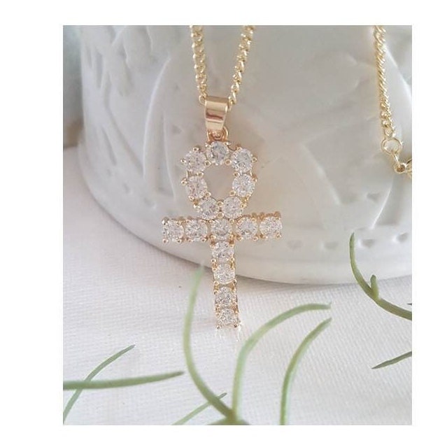 Big Egyptian Ankh Cross,Chunky Gold Filled Ankh Cross Necklace,18K Gold Filled with CZ Crystal Cross Pendant,Unisex Gold Cross Jewelry