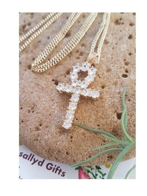 Big Egyptian Ankh Cross,Chunky Gold Filled Ankh Cross Necklace,18K Gold Filled with CZ Crystal Cross Pendant,Unisex Gold Cross Jewelry