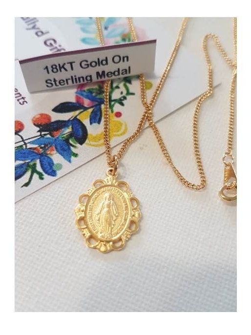 Gold On Sterling Miraculous Medal,Gold Sterling Silver Virgin Mary Pendant with Filigree,Ladies and Girls Mother Mary Pendant,Lady of Grace