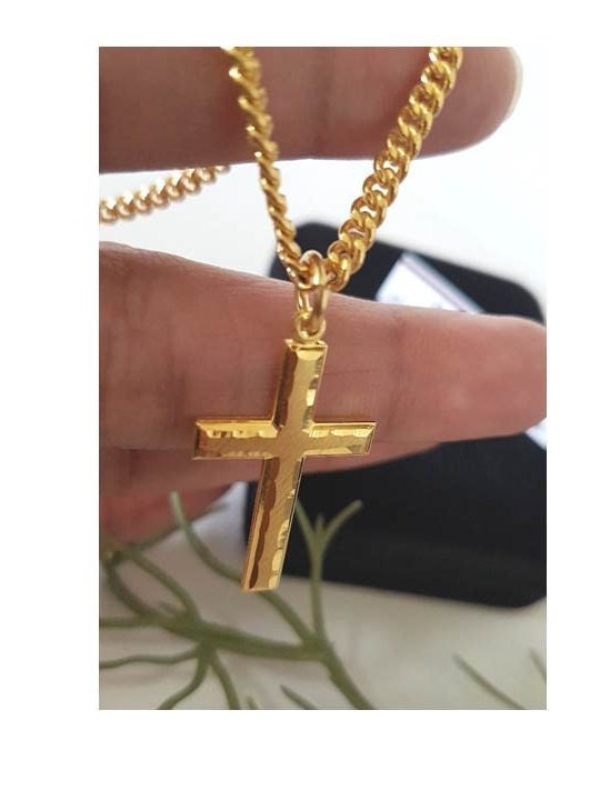 Men and Adult Cross Medal,Gold Cross Necklace,18KT Gold on Sterling Silver Cross Pendant,Bold Gold On Sterling Jewelry,Chunky Heavy Chain