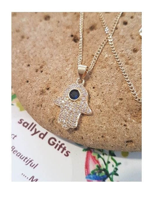 Sapphire Hamsa Pendant,18K Gold Filled Eye of Fatima Necklace,Crystal Khamsa Pendant,Gold and Diamante Hands Of Fatima Ladies Jewelry