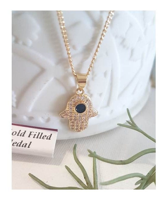 Sapphire Hamsa Pendant,18K Gold Filled Eye of Fatima Necklace,Crystal Khamsa Pendant,Gold and Diamante Hands Of Fatima Ladies Jewelry