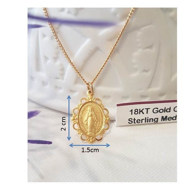 Gold On Sterling Miraculous Medal,Gold Sterling Silver Virgin Mary Pendant with Filigree,Ladies and Girls Mother Mary Pendant,Lady of Grace