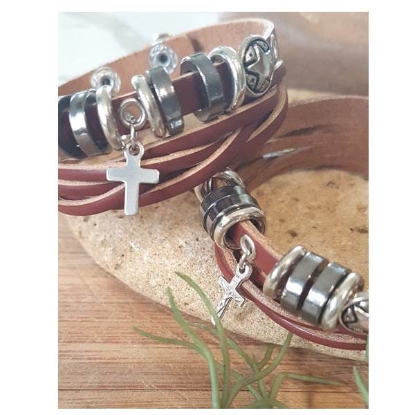 Leather Bracelet with Cross or Crucifix,Genuine Leather Adjustable Bracelet,Men and youth Leather Bracelet,Wristband with Charm