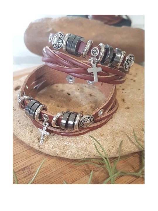 Leather Bracelet with Cross or Crucifix,Genuine Leather Adjustable Bracelet,Men and youth Leather Bracelet,Wristband with Charm
