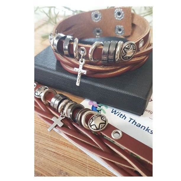 Leather Bracelet with Cross or Crucifix,Genuine Leather Adjustable Bracelet,Men and youth Leather Bracelet,Wristband with Charm