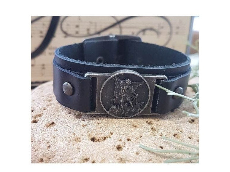 Leather Bracelet St Michael,Black Saint Michael Men Bracelet,Genuine Leather Bracelet with Arc Angel Michael Medal,Christian Men Jewelry