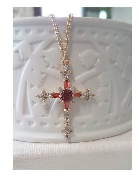 Red Crystal Gold Cross,Ruby Cz Cross Pendant,Gold Filled Crystal Cross Necklace,Ladies Retro and Vintage Look Gold Cross Jewelry