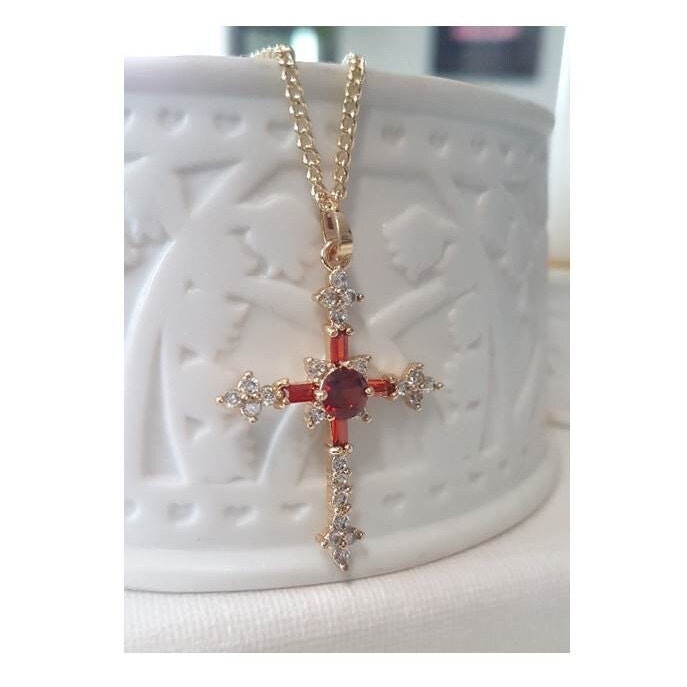 Red Crystal Gold Cross,Ruby Cz Cross Pendant,Gold Filled Crystal Cross Necklace,Ladies Retro and Vintage Look Gold Cross Jewelry
