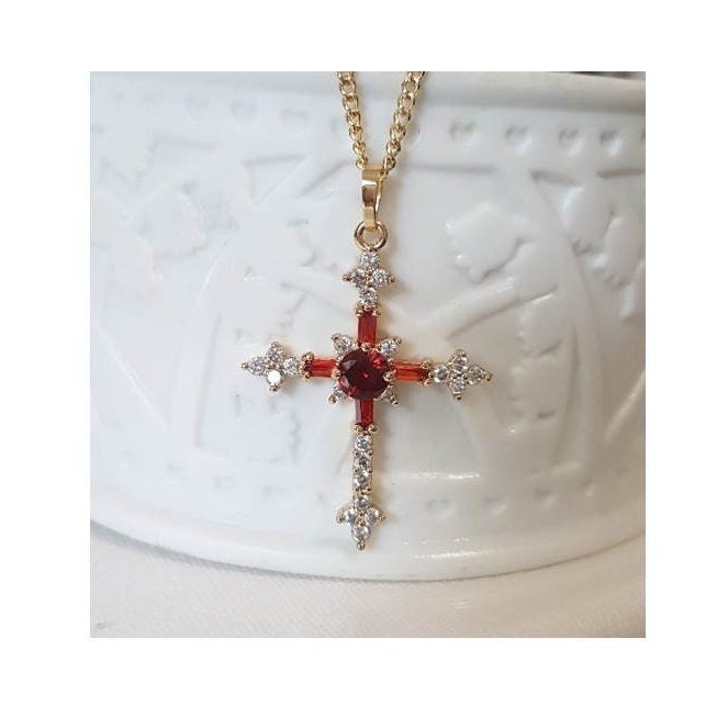 Red Crystal Gold Cross,Ruby Cz Cross Pendant,Gold Filled Crystal Cross Necklace,Ladies Retro and Vintage Look Gold Cross Jewelry