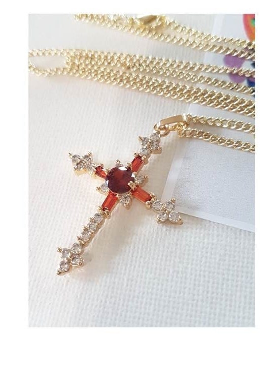 Red Crystal Gold Cross,Ruby Cz Cross Pendant,Gold Filled Crystal Cross Necklace,Ladies Retro and Vintage Look Gold Cross Jewelry