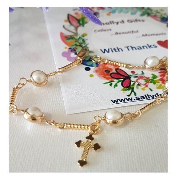 Gold Filled Pearl Bracelet with Cross,Girls Gold Bracelet, 18K Gold Filled Jewelry,First Communion Gifts,Confirmation ,Trendy Pearl Jewelry