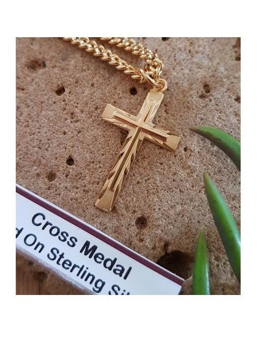 Gold Sterling Silver Cross Medal, Classy Gold Cross Pendant,  Men Cross Necklace, Confirmation and Graduation Jewelry, Big Cross Pendant