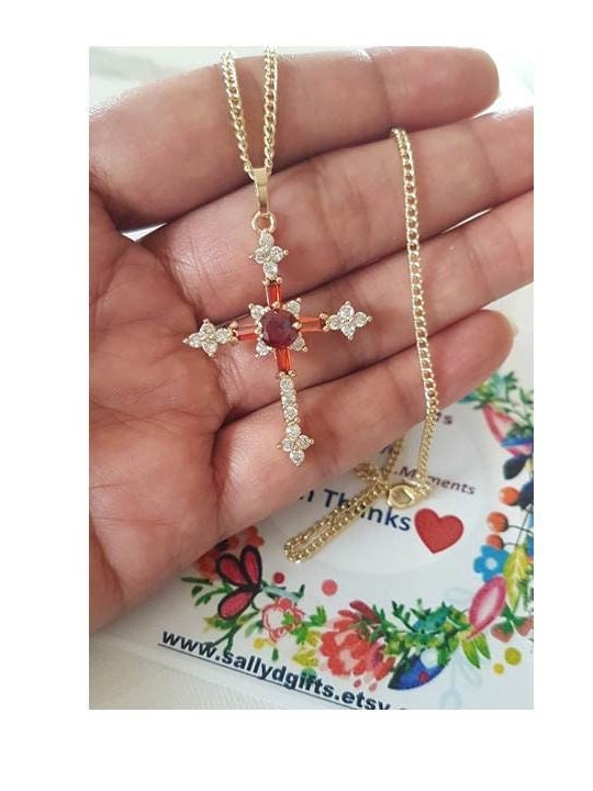 Red Crystal Gold Cross,Ruby Cz Cross Pendant,Gold Filled Crystal Cross Necklace,Ladies Retro and Vintage Look Gold Cross Jewelry