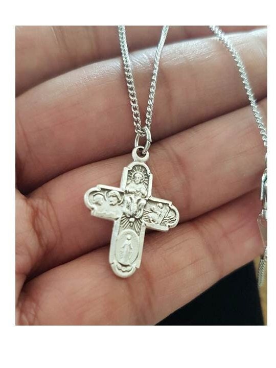 4 Way Cross Medal,Sterling Silver Cross Pendant,Catholic Four Way Medallion,St Christopher Cross,St Joseph ,Sacred Heart Medal.Holy Spirit