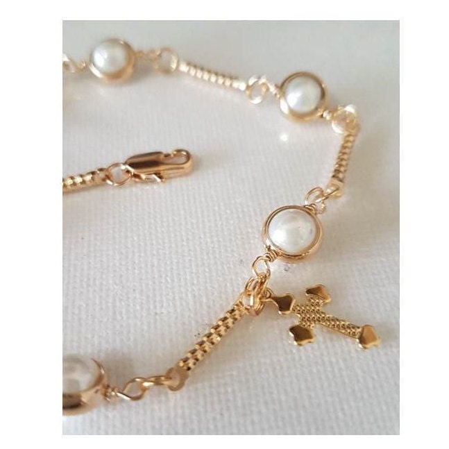 Gold Filled Pearl Bracelet with Cross,Girls Gold Bracelet, 18K Gold Filled Jewelry,First Communion Gifts,Confirmation ,Trendy Pearl Jewelry