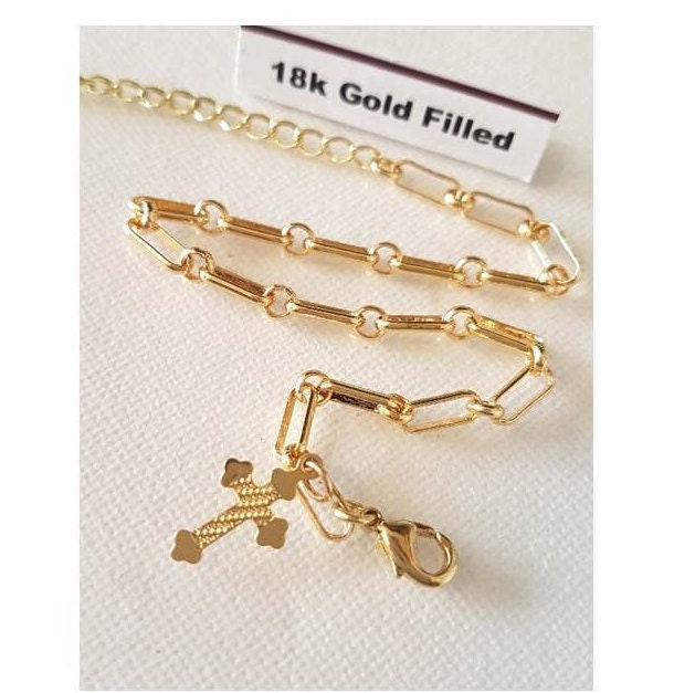Gold Filled Link Bracelet,18K Gold Filled paperclip Bracelet,New trendy link bracelet with Cross,Cute Ladies and Girls Religious Bracelet