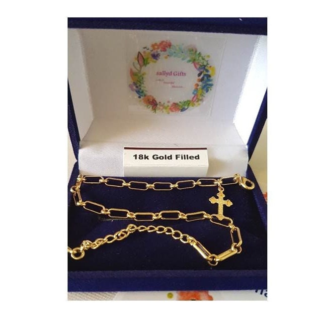 Gold Filled Link Bracelet,18K Gold Filled paperclip Bracelet,New trendy link bracelet with Cross,Cute Ladies and Girls Religious Bracelet