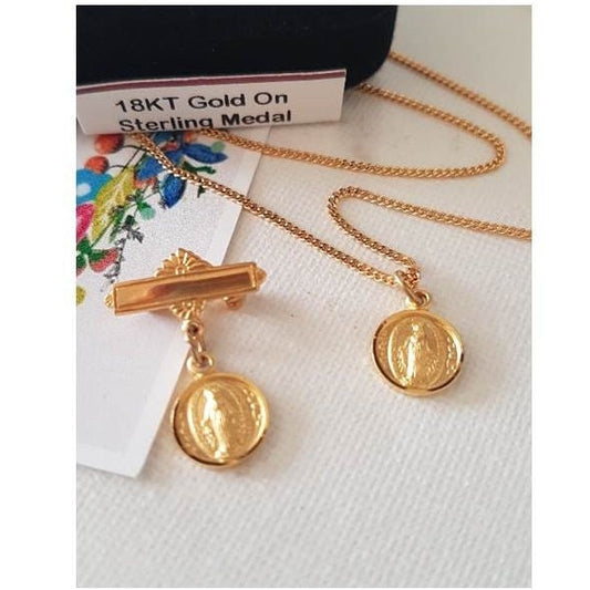 Gold On Sterling Miraculous Medal, Children's Lapel Pin,Small and Cute Ladies Miraculous Pendant,Christening and Baptism Jewelry