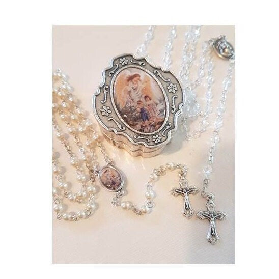 Children's Guardian Angel Rosary, Baptism Rosary for Boy,Baby Girl Baptism Pearl Rosary, Guardian Angel Pewter Box, Choose Rosary Colour