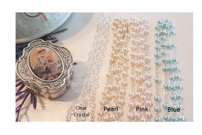 Children's Guardian Angel Rosary, Baptism Rosary for Boy,Baby Girl Baptism Pearl Rosary, Guardian Angel Pewter Box, Choose Rosary Colour