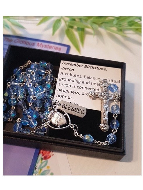December Birthstone Rosary, Zircon Prayer Beads, Marine Blue Rosary with Birthstone Quality and How to Pray the Rosary Booklet Set, Birthday