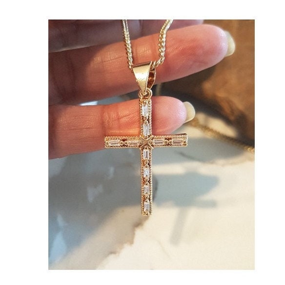 Baguette Cut Gold Filled Cross Pendant,18K Gold Filled Cubic Zirconia Cross Necklace, Ladies Clear Crystal Cross Medal , Stunning Gold