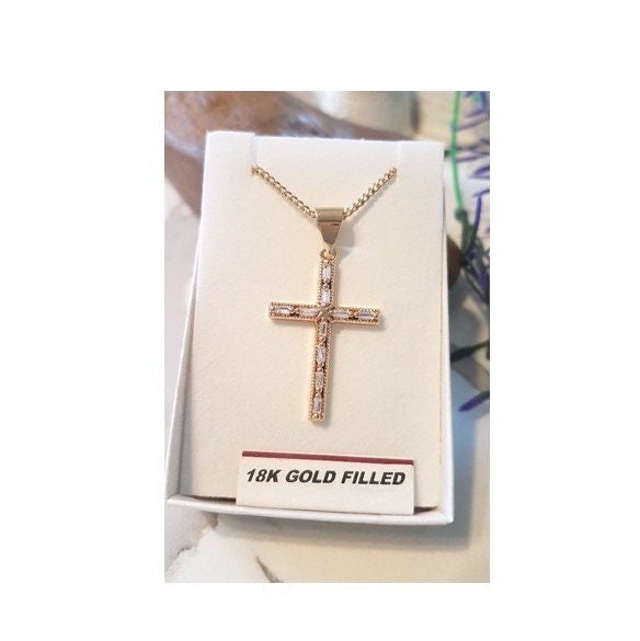 Baguette Cut Gold Filled Cross Pendant,18K Gold Filled Cubic Zirconia Cross Necklace, Ladies Clear Crystal Cross Medal , Stunning Gold