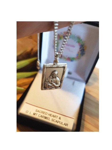 Scapular Medal Sterling Silver, Sterling Sacred Heart Pendant, Our Lady of Mt Carmel Pendant, Double sided scapular Necklace, Religious Gift