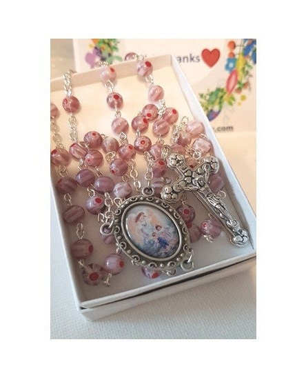 Guardian Angel Rosary, Murano Glass Rosary, Angel With Children, Blue Floral Murano Glass Rosary, Pink Murano Prayer Beads, First Communion