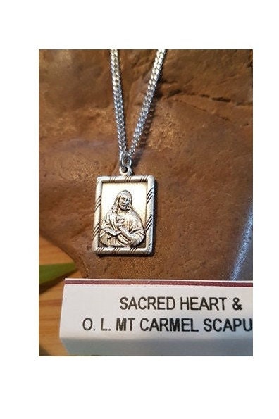 Scapular Medal Sterling Silver, Sterling Sacred Heart Pendant, Our Lady of Mt Carmel Pendant, Double sided scapular Necklace, Religious Gift