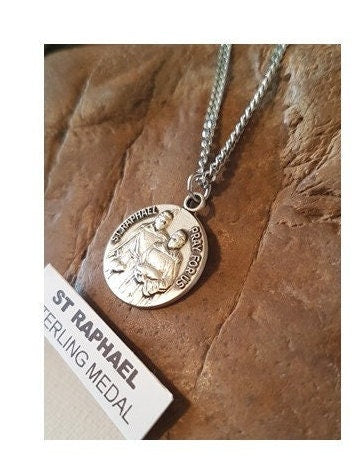 St Raphael Sterling Medal, Vintage Look Sterling Silver Pendant, St Raphael the Arcangel, Saint Round Medal, Gift for Nurses and Physicians