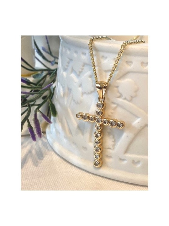 Gold Filled Clear Stone Cross, CZ Stone Cross, Gold and Cubic Zirconia Jewelry,18K Gold Filled Cross Pendant, Bridal Gift, Christmas for Her