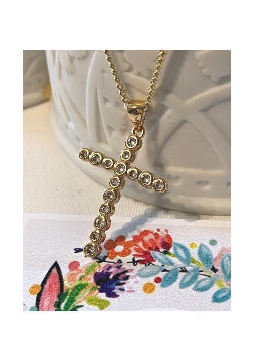 Gold Filled Clear Stone Cross, CZ Stone Cross, Gold and Cubic Zirconia Jewelry,18K Gold Filled Cross Pendant, Bridal Gift, Christmas for Her