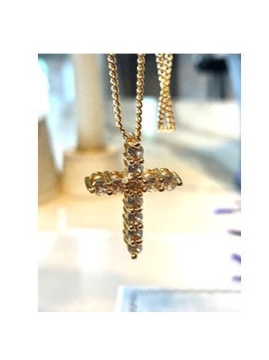 Cute Gold Cross,18K Gold Filled Diamante Cross, CZ Clear Stone Cross, Bridal And Wedding Jewelry, Floating Gold Cross Necklace, Gift For Her