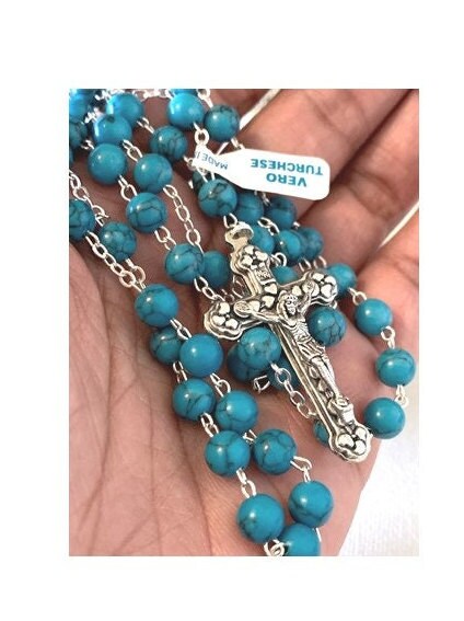Genuine Turquoise Gemstone Rosary/Unisex Catholic Prayer Beads/Italian Gemstone Turquoise Beads/Sacred Heart Of Jesus and Praying Madonna