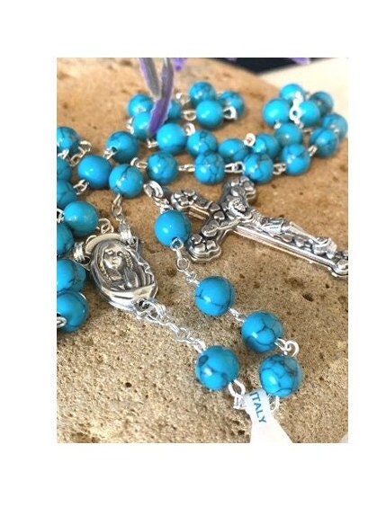 Genuine Turquoise Gemstone Rosary/Unisex Catholic Prayer Beads/Italian Gemstone Turquoise Beads/Sacred Heart Of Jesus and Praying Madonna