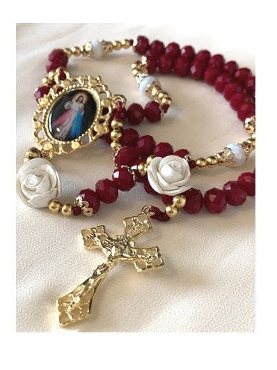 Divine Mercy Rosary, Garnet Rosary with Divine Mercy, Handcrafted Red Glass Rosary with Jesus, Gold Crucifix Jesus Medal, Gold Prayer Beads